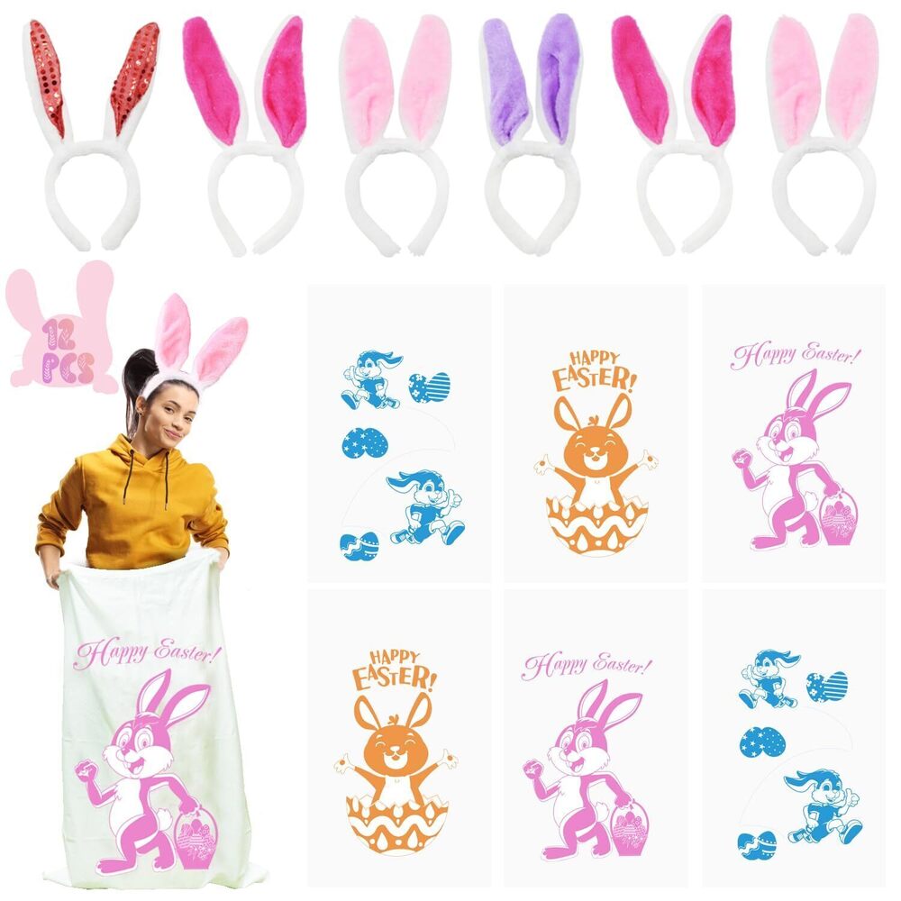 4958 6 Potato Sack Race Jumping Bags with Bunny Ears Headbands,Easter Sack